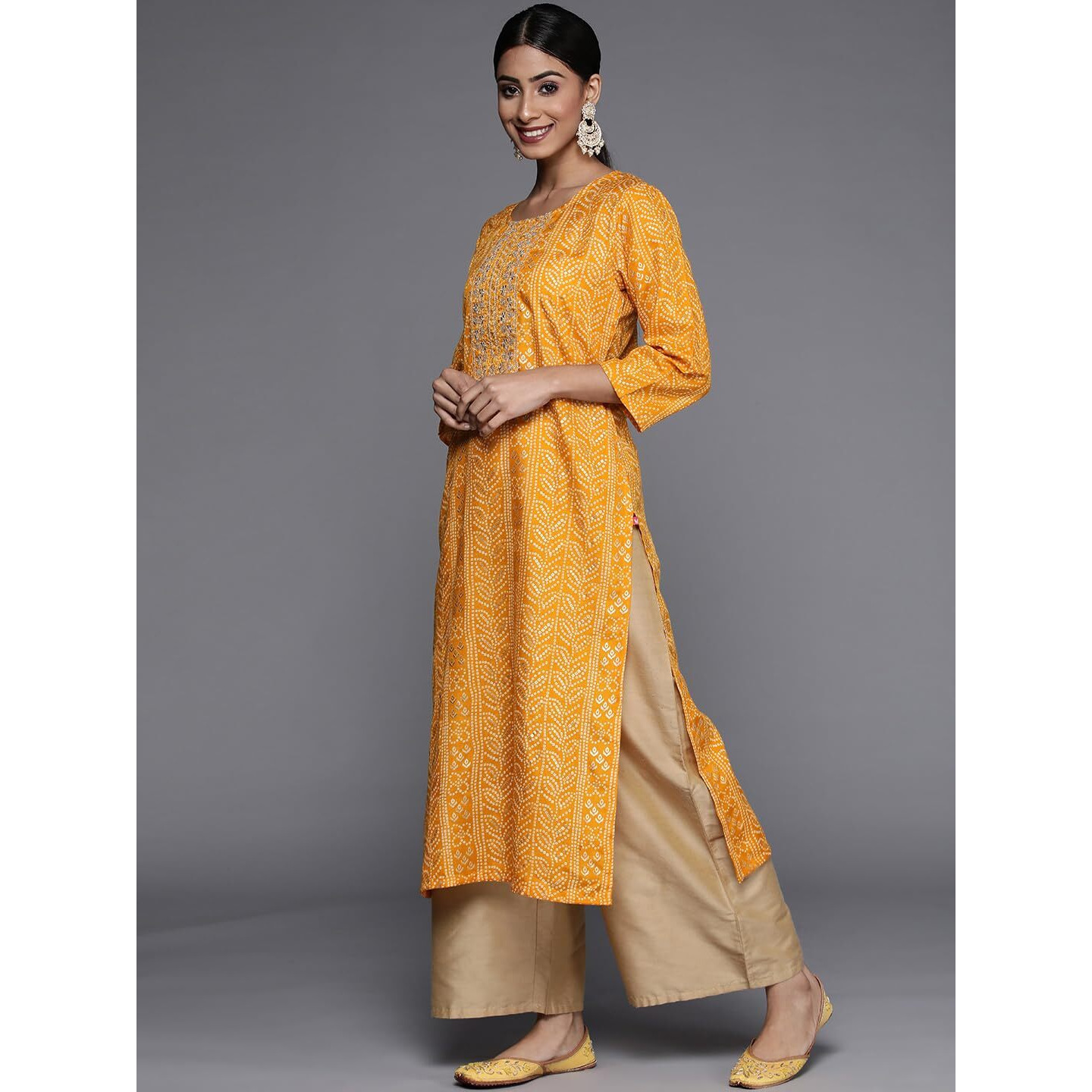Varanga Women Mustard Gold Printed Embroidered Kurta