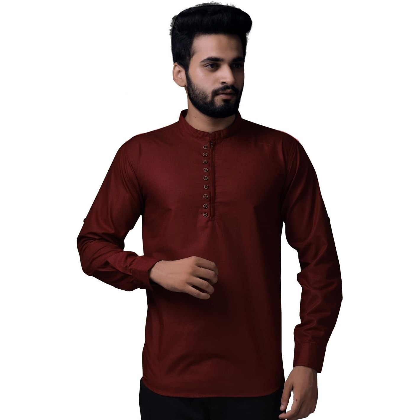 Diverse Men's Maroon Cotton Classy Collar Kurta Neck Long Sleeve Solid Regular Fit Casual Shirt | Fancy Kurta Style Cotton Shirt For Men (St-Vx-910-Maroon_L)