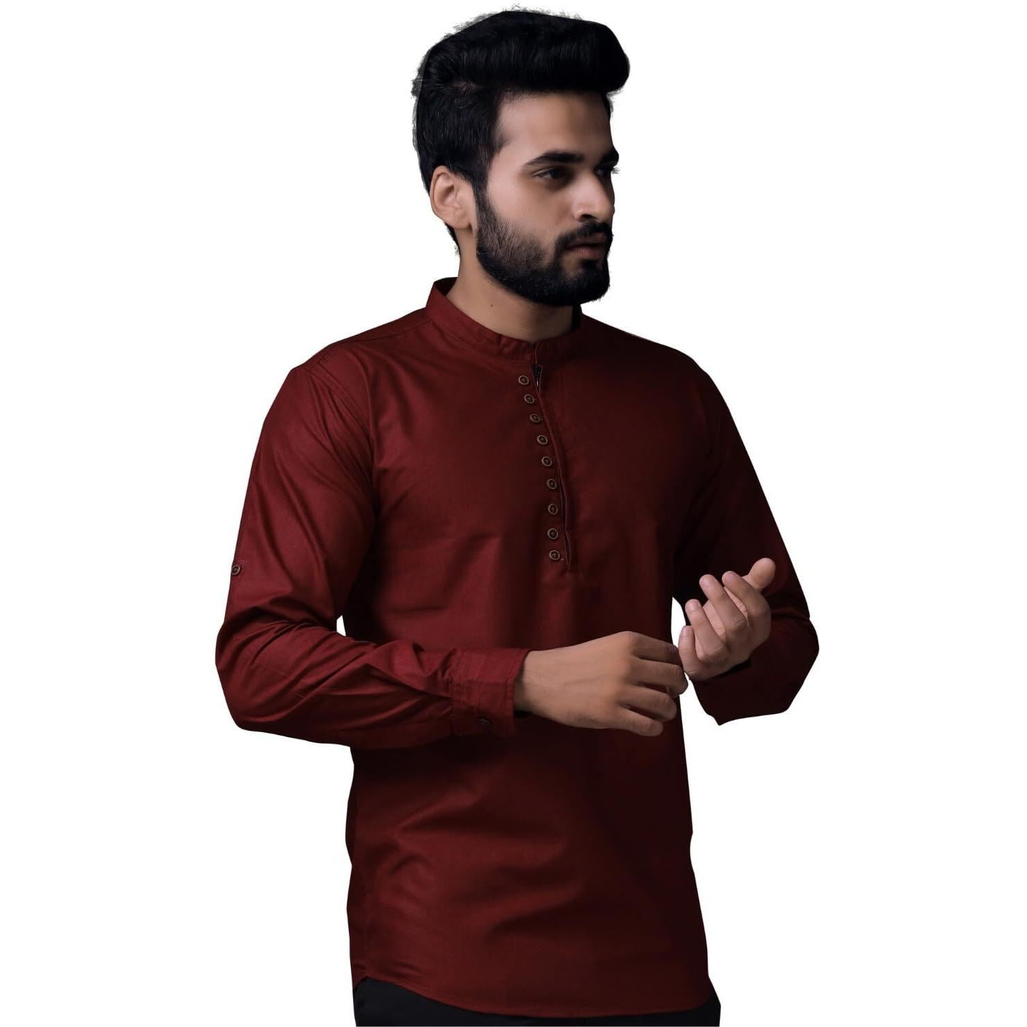 Diverse Men's Maroon Cotton Classy Collar Kurta Neck Long Sleeve Solid Regular Fit Casual Shirt | Fancy Kurta Style Cotton Shirt For Men (St-Vx-910-Maroon_L)