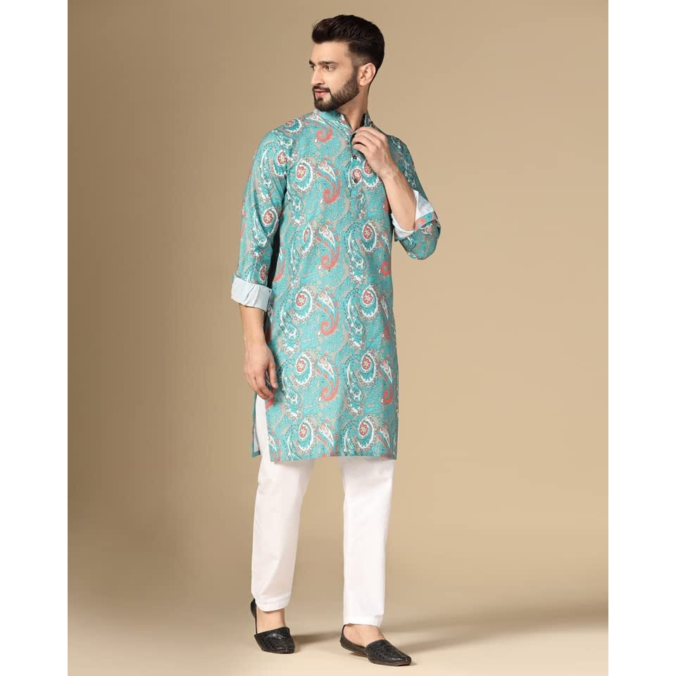 Greciilooks Mens Rayon Casual Regular Fit Kurta Set For Men (Green, Small)
