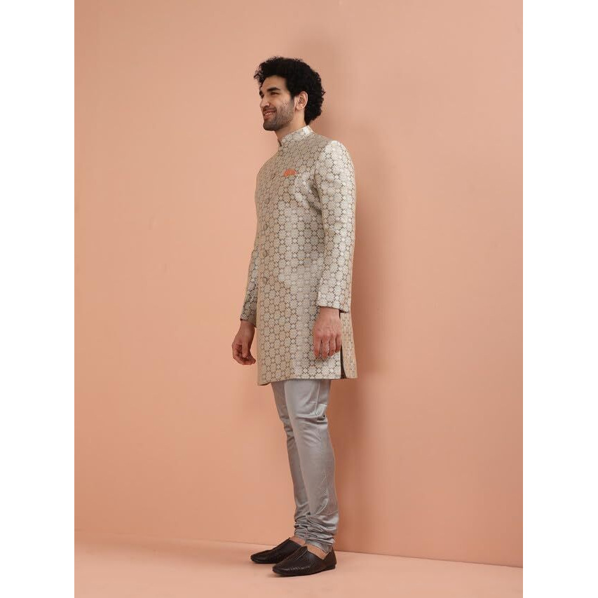 Kisah Men Grey Jacquard Indowestern Sherwani Churidar Set With Geometric, 38