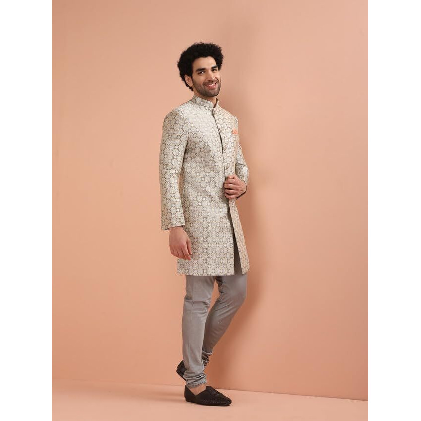 Kisah Men Grey Jacquard Indowestern Sherwani Churidar Set With Geometric, 38