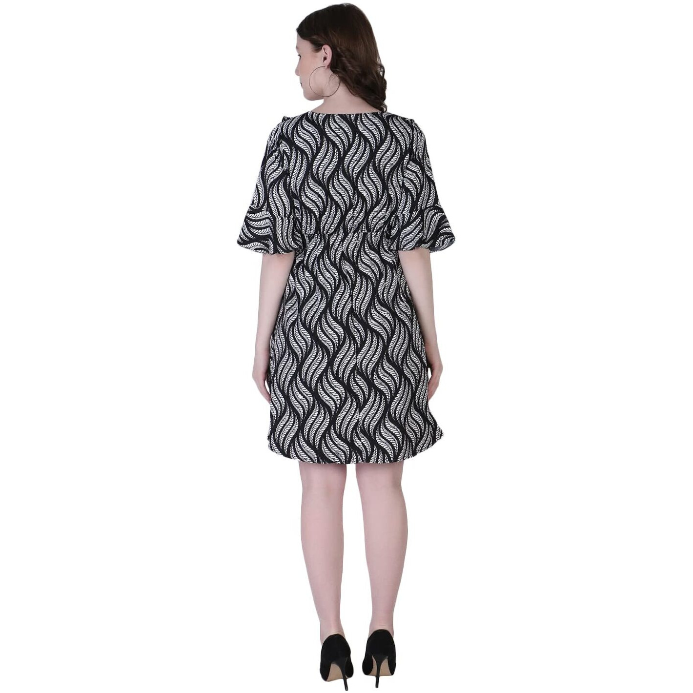 Om Sai Latest Creation Women's Crepe A-Line Western Dress For Women | Ruffled Sleeve, Knee-Length Dress | Midi Western Dress For Women| Short Dress (Xxx-Large, Black)