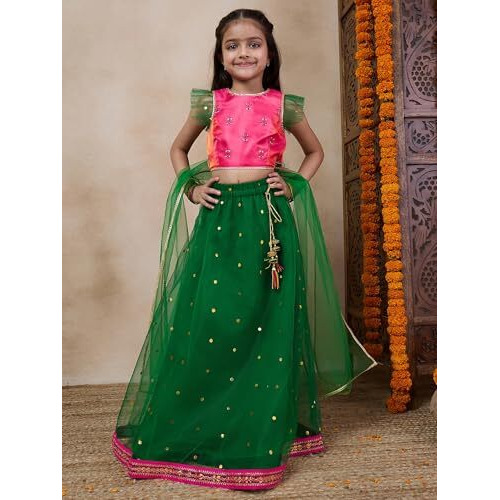 Pspeaches Girl's Net With Dupatta (L-Greentikli-4- Green_4-5Y)