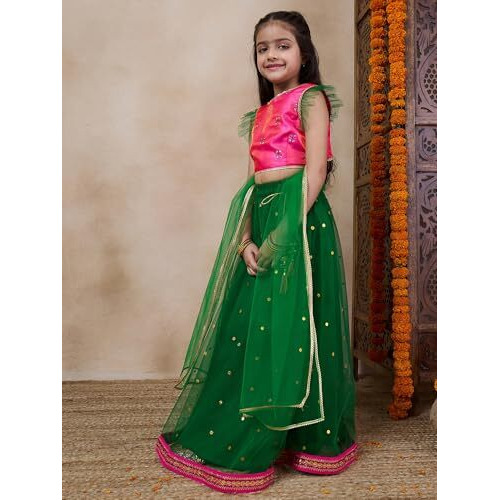 Pspeaches Girl's Net With Dupatta (L-Greentikli-4- Green_4-5Y)