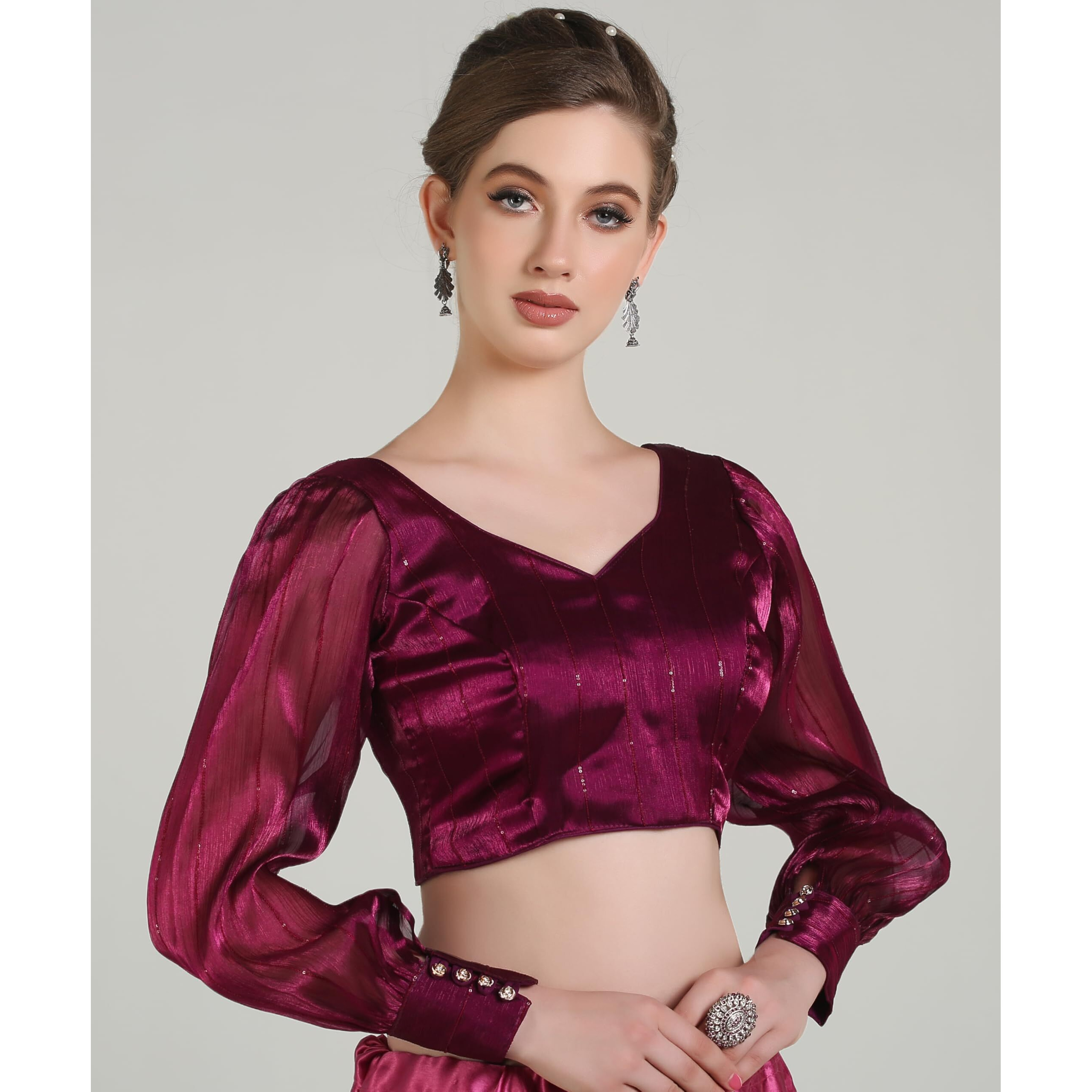 Pujia Mills Latest Collection Of 2025 Indian Ethnic Wear Balloon Sleeve Stylish For Woman Wine Colour Readymade Saree Blouse