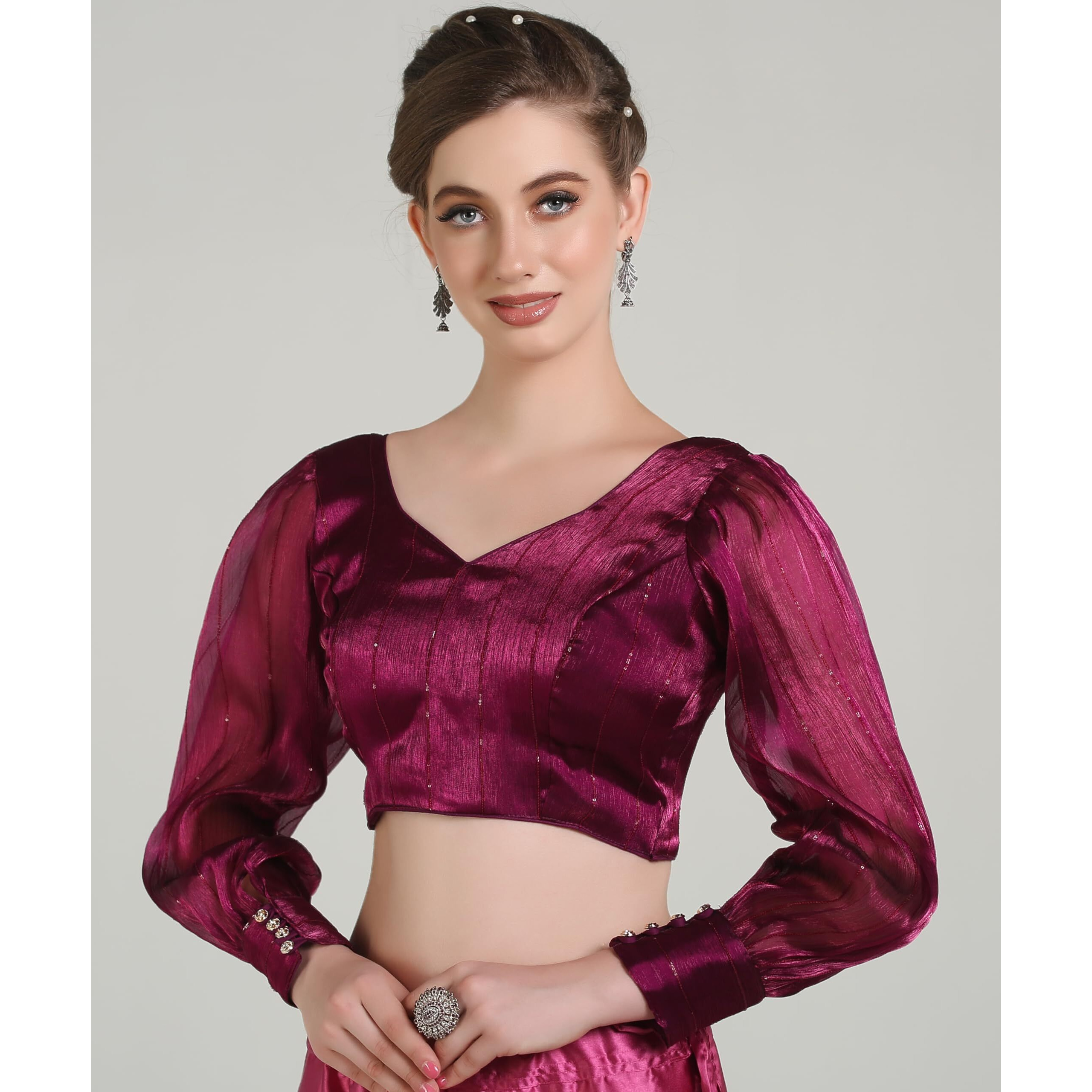 Pujia Mills Latest Collection Of 2025 Indian Ethnic Wear Balloon Sleeve Stylish For Woman Wine Colour Readymade Saree Blouse