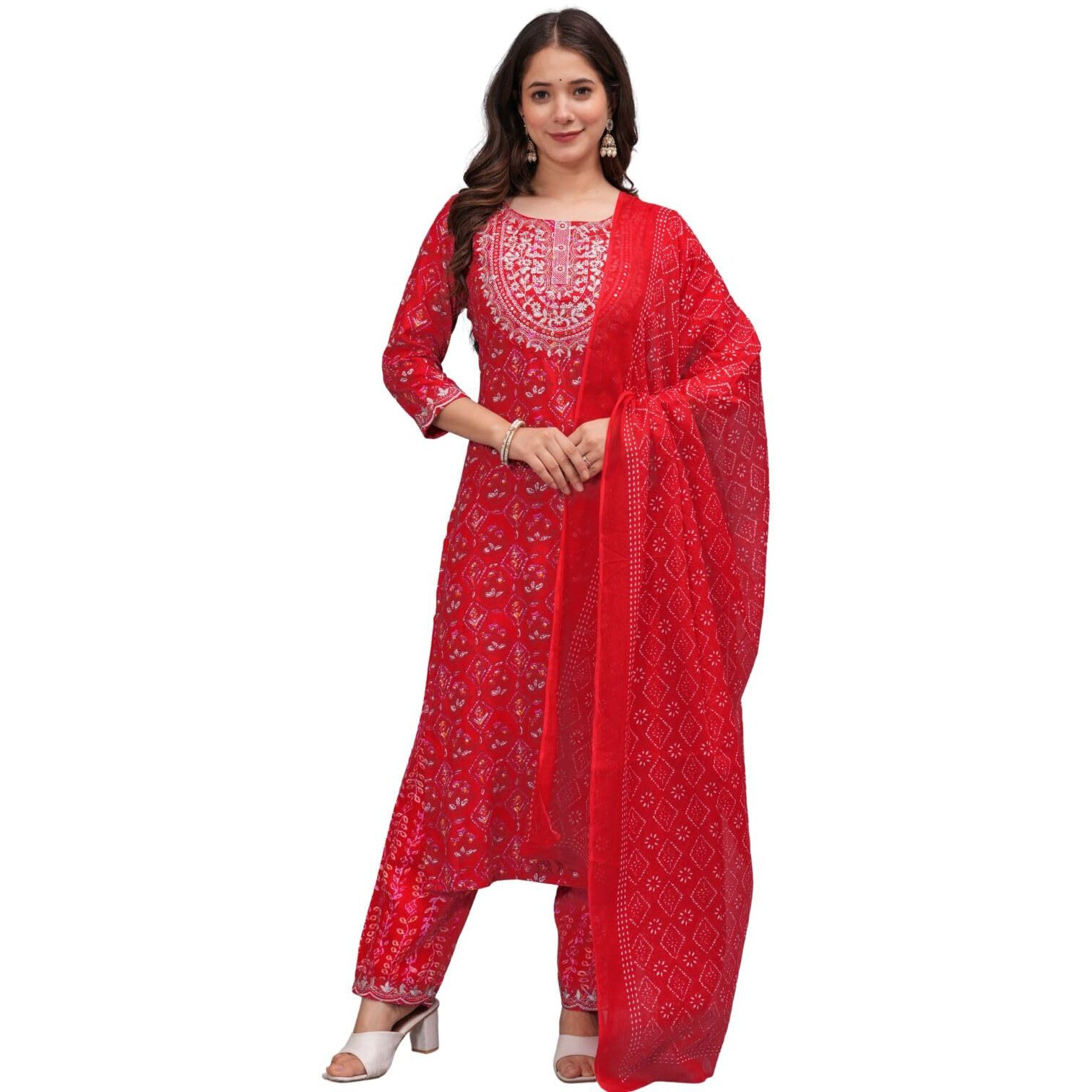 Rytras Women Cotton Embroidered Straight Kurta Set With Palazzo Pants & Dupatta- Ethnic Wear, Red(Ryt607-New,S)