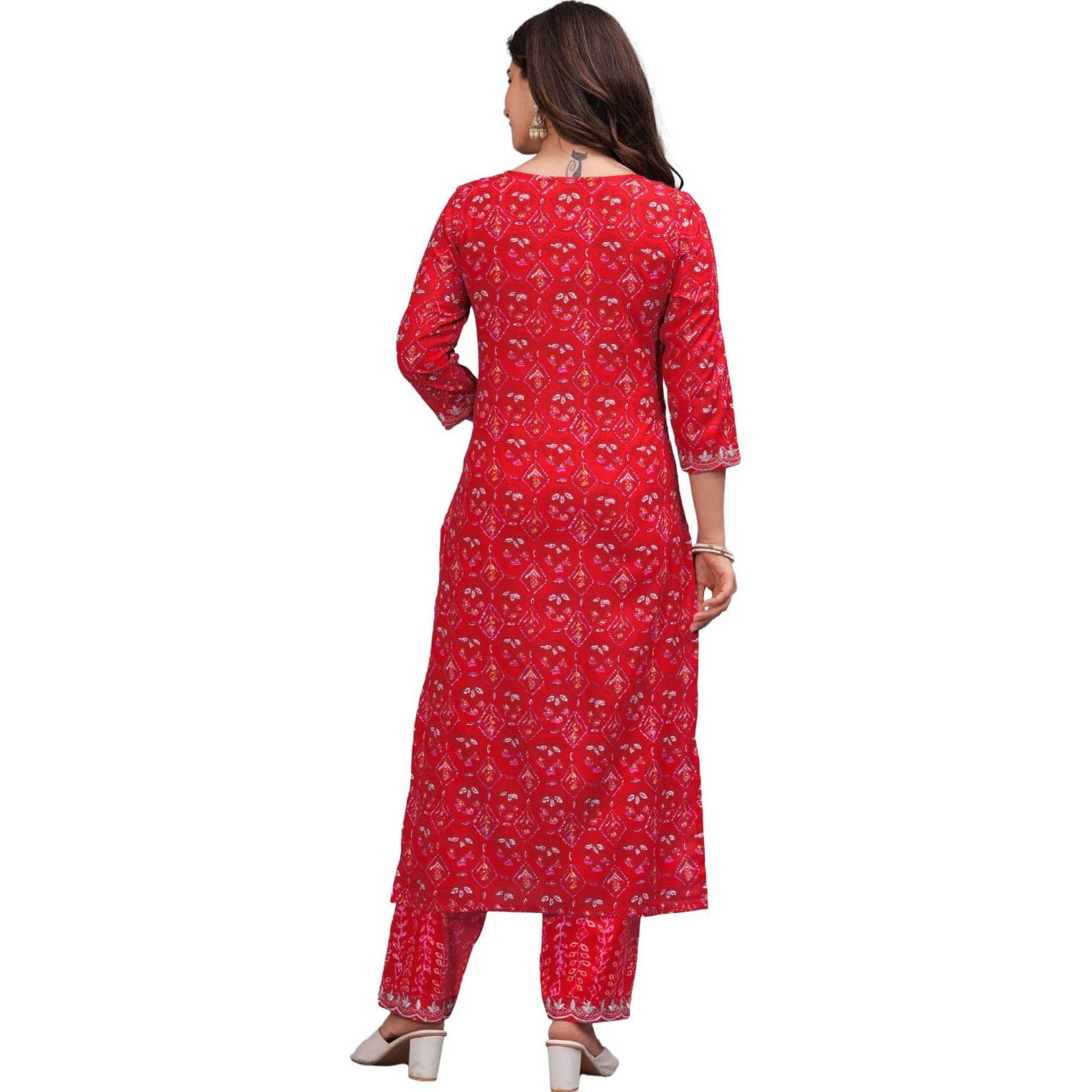Rytras Women Cotton Embroidered Straight Kurta Set With Palazzo Pants & Dupatta- Ethnic Wear, Red(Ryt607-New,S)