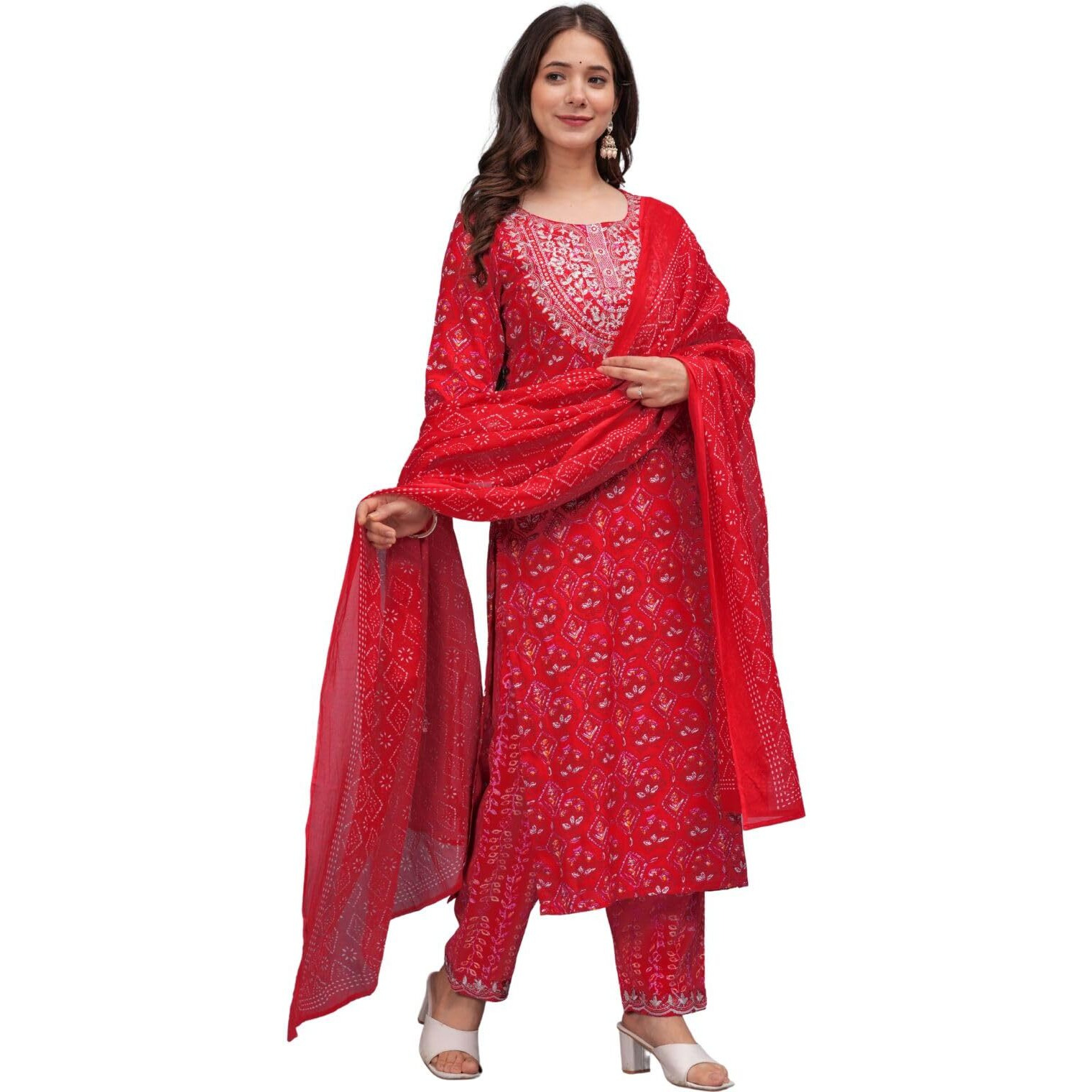 Rytras Women Cotton Embroidered Straight Kurta Set With Palazzo Pants & Dupatta- Ethnic Wear, Red(Ryt607-New,S)