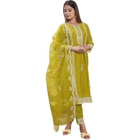 Sanisa Women's Silk Blend Sequins Embroidery Straight Kurta With Pant And Dupatta Set (192Kbd2045N-L_Yellow)