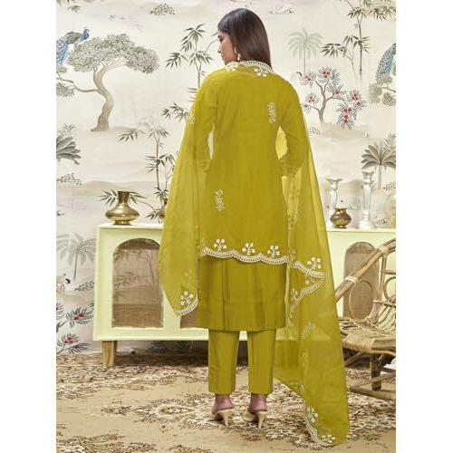 Sanisa Women's Silk Blend Sequins Embroidery Straight Kurta With Pant And Dupatta Set (192Kbd2045N-L_Yellow)