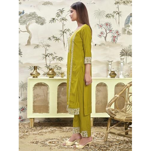 Sanisa Women's Silk Blend Sequins Embroidery Straight Kurta With Pant And Dupatta Set (192Kbd2045N-L_Yellow)