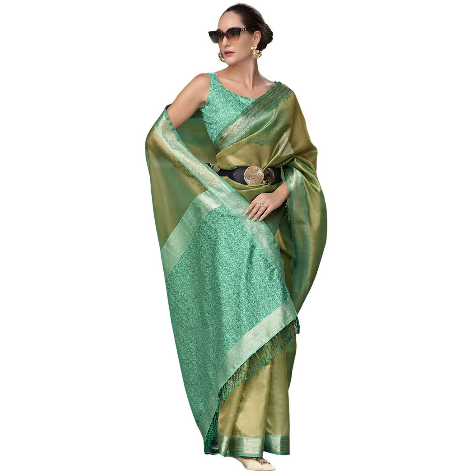 Satrani Women's Jacquard & Tassels (Dual Tone) Silk Blend Saree (3983S1767N_Teal Green & Golden)