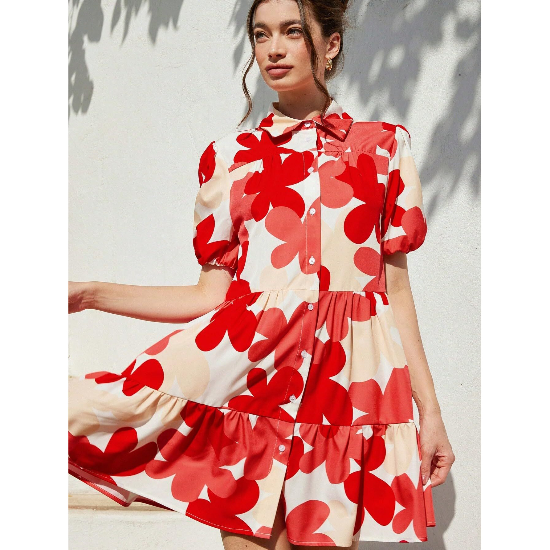 Shasmi Women's Red Flower Print Short Sleeve Button Front All-Over Printed Dresses, Ruffle Hem Smock Dress For Woman (161 Dress Red-M)