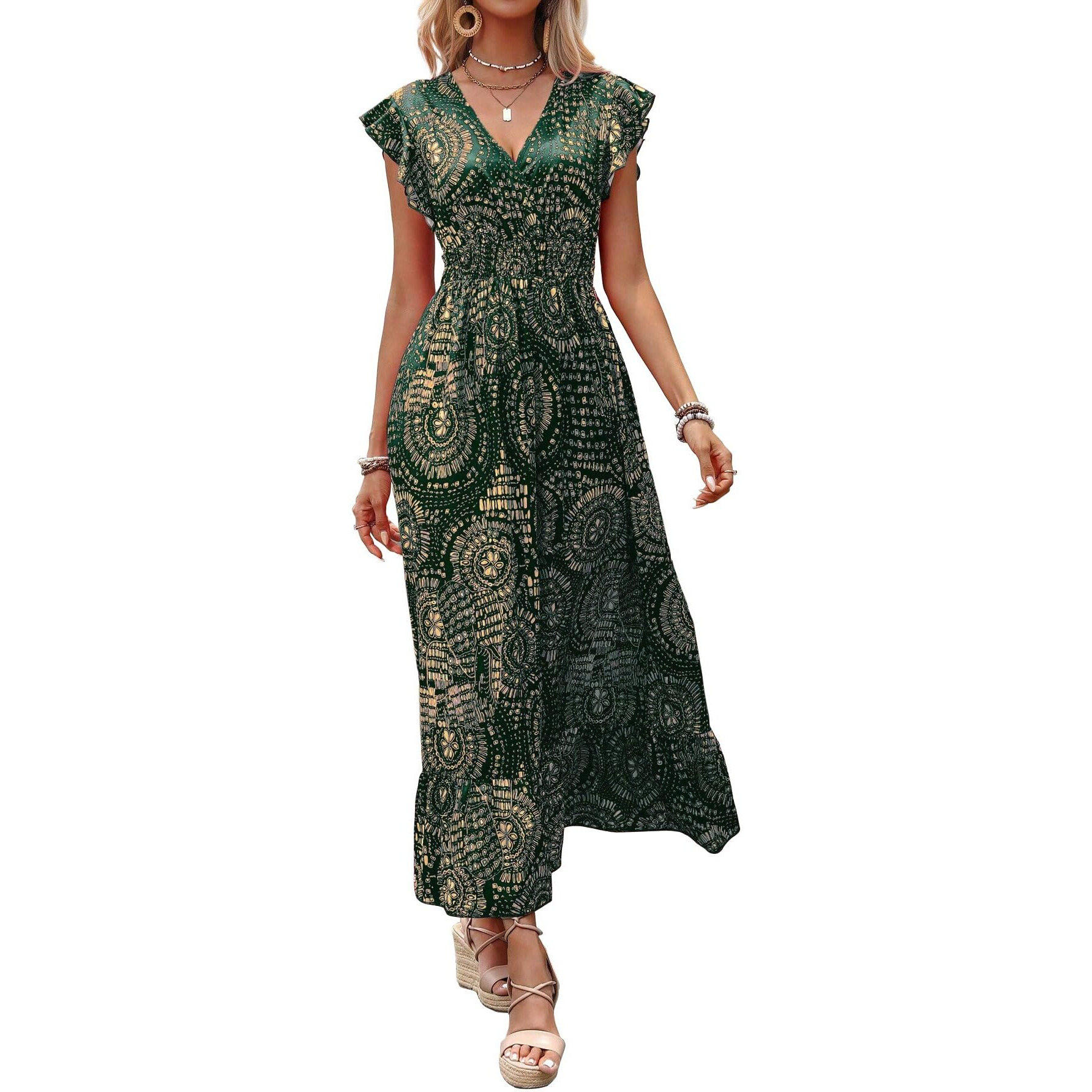 Shasmi Women's & Girl's Boho Dark Green V-Neck Printed Dress With Ruffled Hem And Belted Waist For Vacation, One Piece Maxi For Women's Casual Dresses (Dress 140 Boho Dark Green-M)