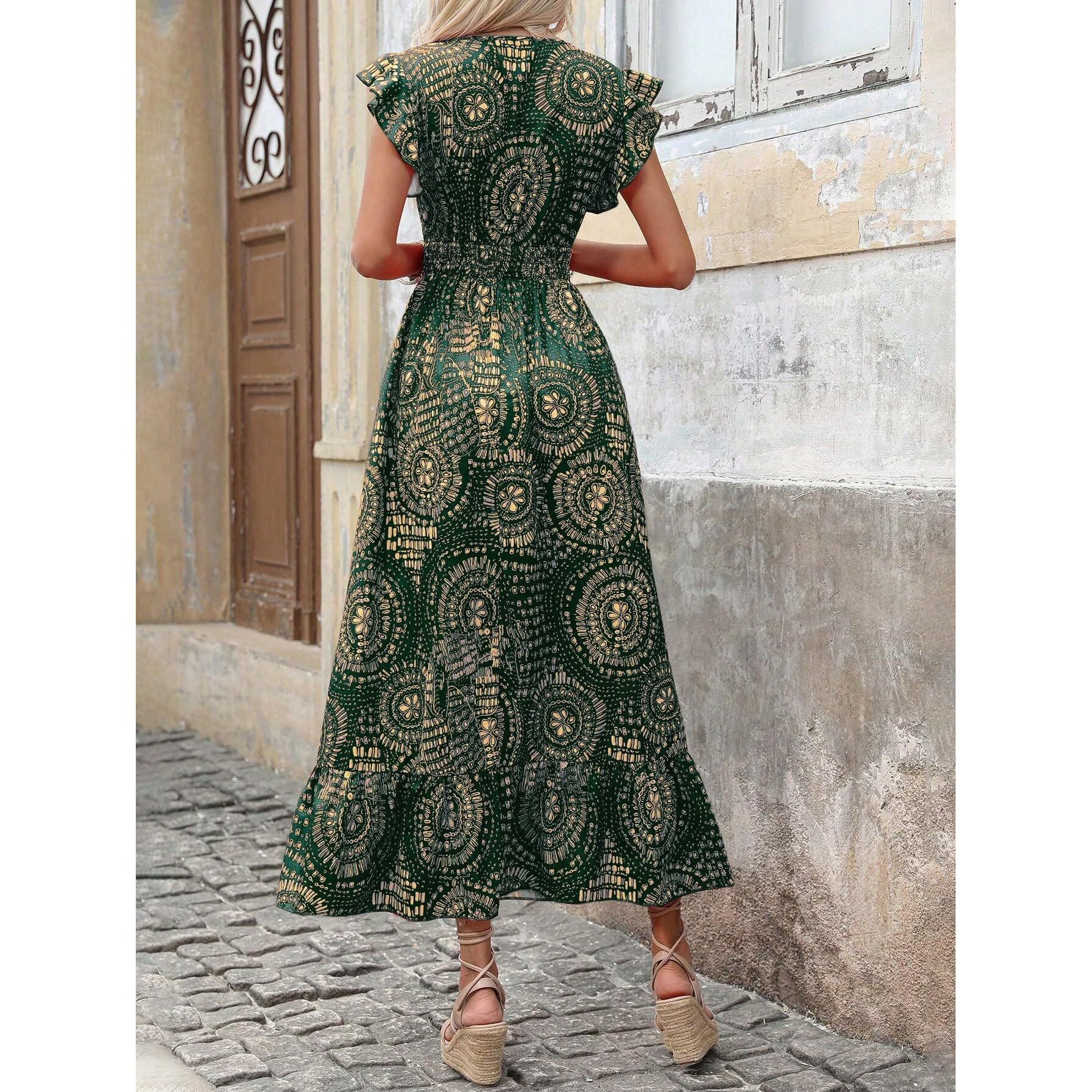 Shasmi Women's & Girl's Boho Dark Green V-Neck Printed Dress With Ruffled Hem And Belted Waist For Vacation, One Piece Maxi For Women's Casual Dresses (Dress 140 Boho Dark Green-M)
