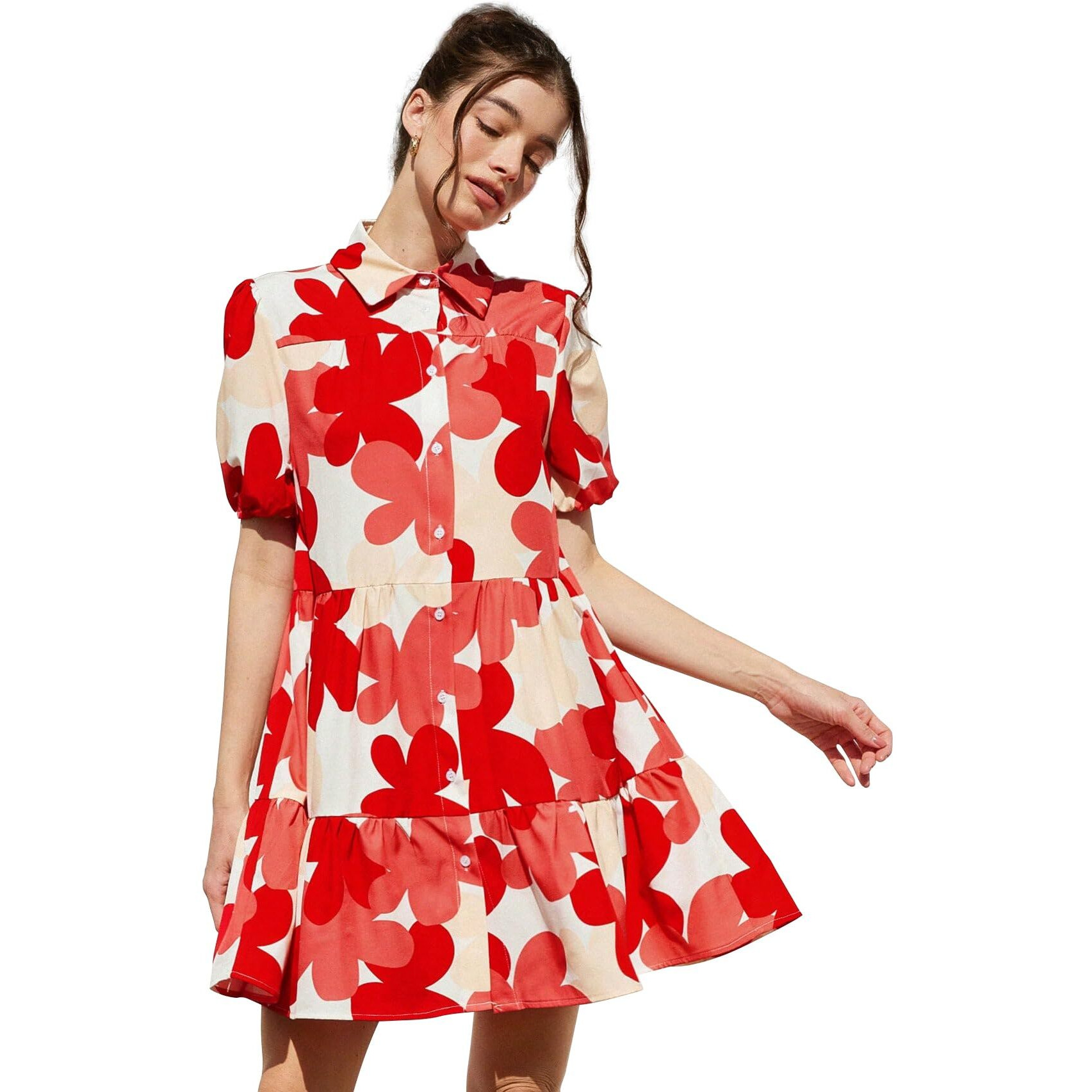 Shasmi Women's Red Flower Print Short Sleeve Button Front All-Over Printed Dresses, Ruffle Hem Smock Dress For Woman (161 Dress Red-L)