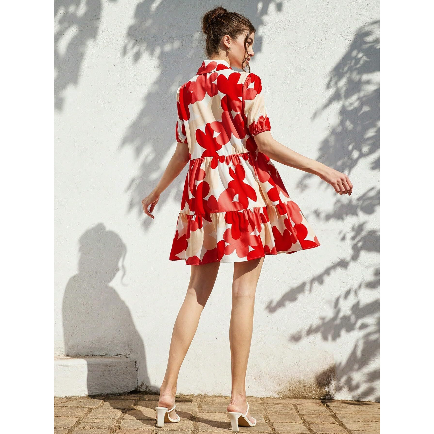 Shasmi Women's Red Flower Print Short Sleeve Button Front All-Over Printed Dresses, Ruffle Hem Smock Dress For Woman (161 Dress Red-L)