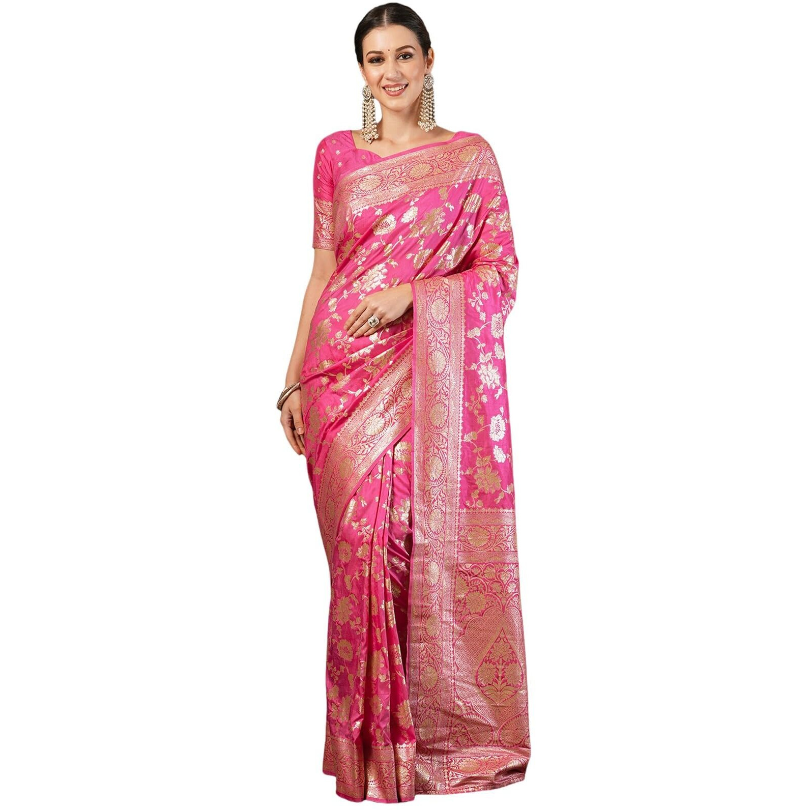 Satrani Women's Silk Banarasi Jacquard Weaving Saree With Unstitched Blouse Piece (4030S342N_Pink & Golden)