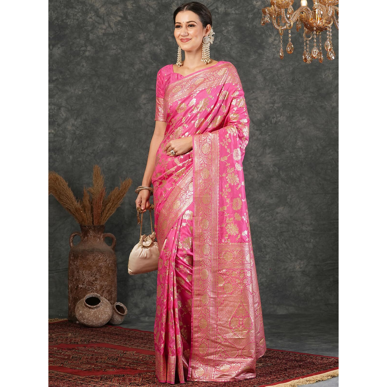Satrani Women's Silk Banarasi Jacquard Weaving Saree With Unstitched Blouse Piece (4030S342N_Pink & Golden)