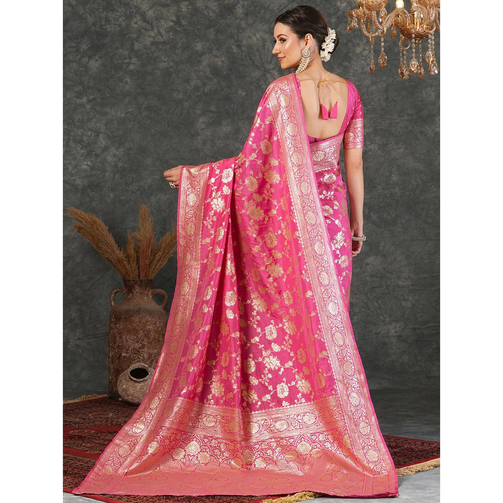 Satrani Women's Silk Banarasi Jacquard Weaving Saree With Unstitched Blouse Piece (4030S342N_Pink & Golden)