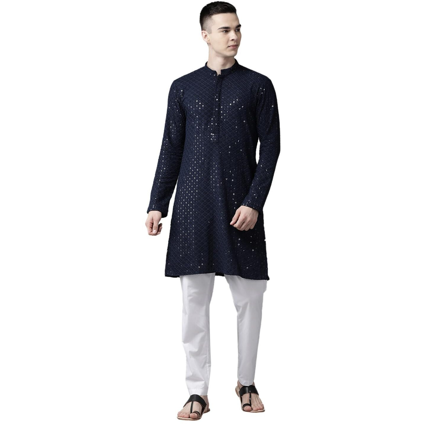 See Designs Navy Blue & White Regular Fit Embroidered Kurta Set_Sdekt129701Xs
