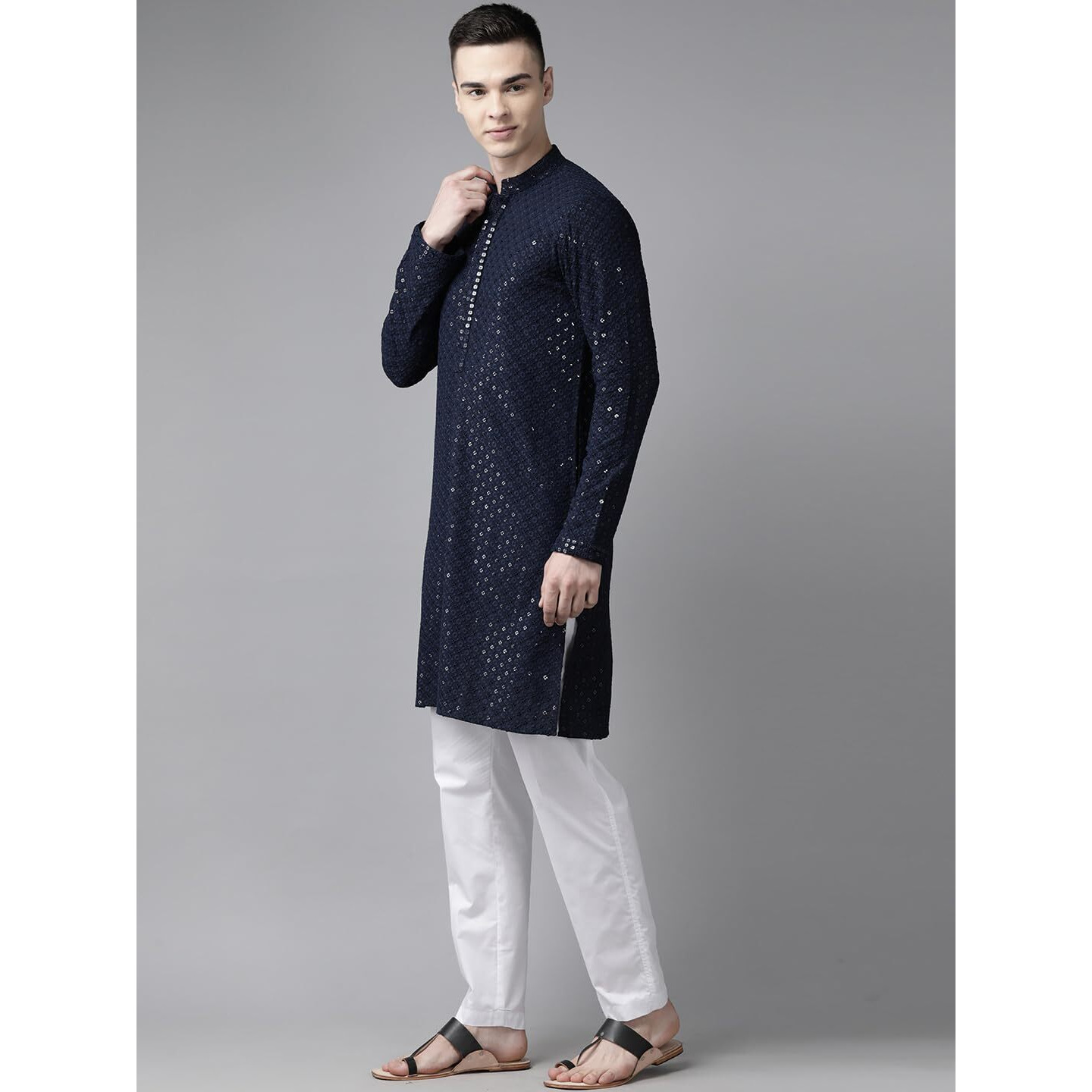 See Designs Navy Blue & White Regular Fit Embroidered Kurta Set_Sdekt129701Xs