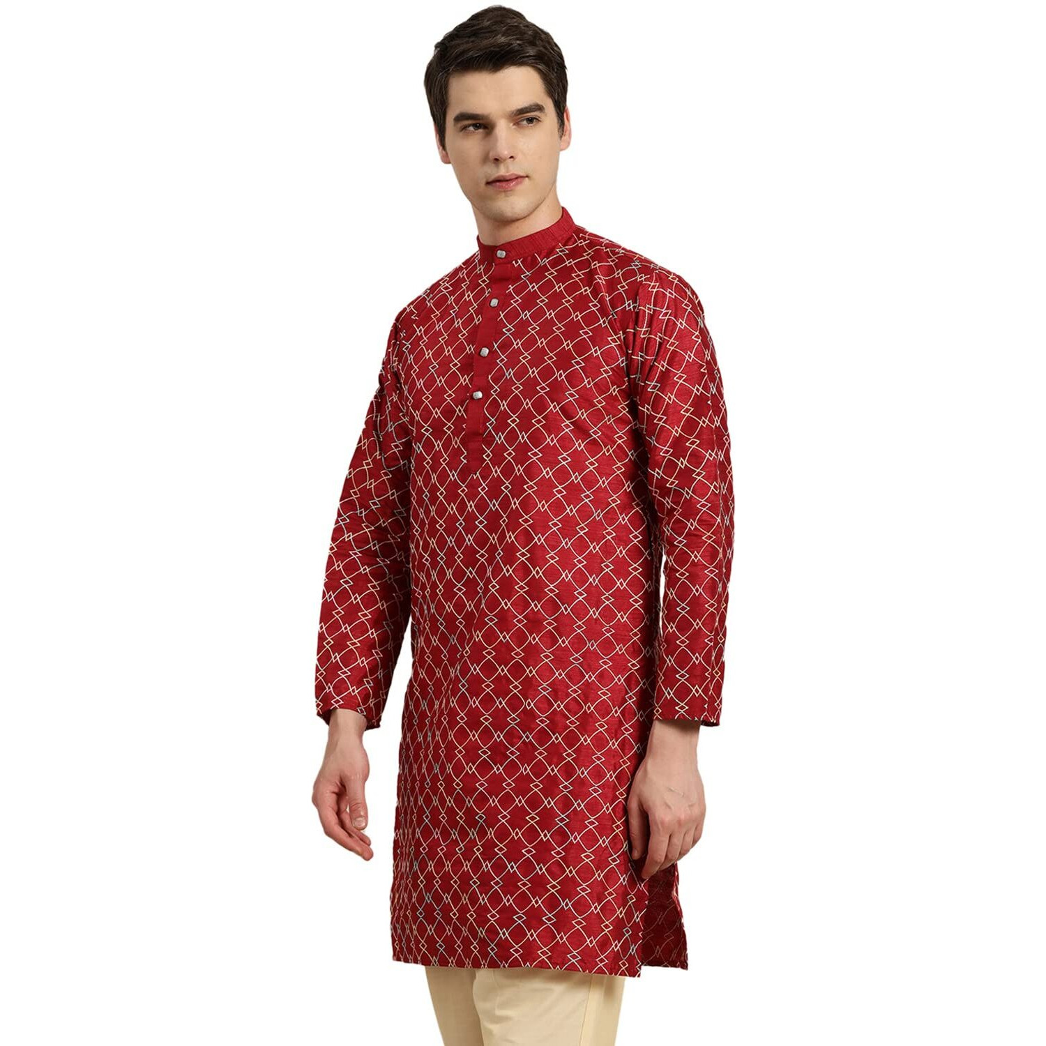 Sojanya (Since 1958 Men's Silk Blend Maroon Kurta With Multi Color Embroidery