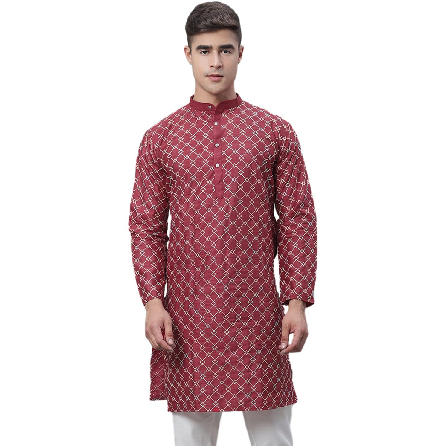 Sojanya (Since 1958 Men's Silk Blend Maroon Kurta With Multi Color Embroidery