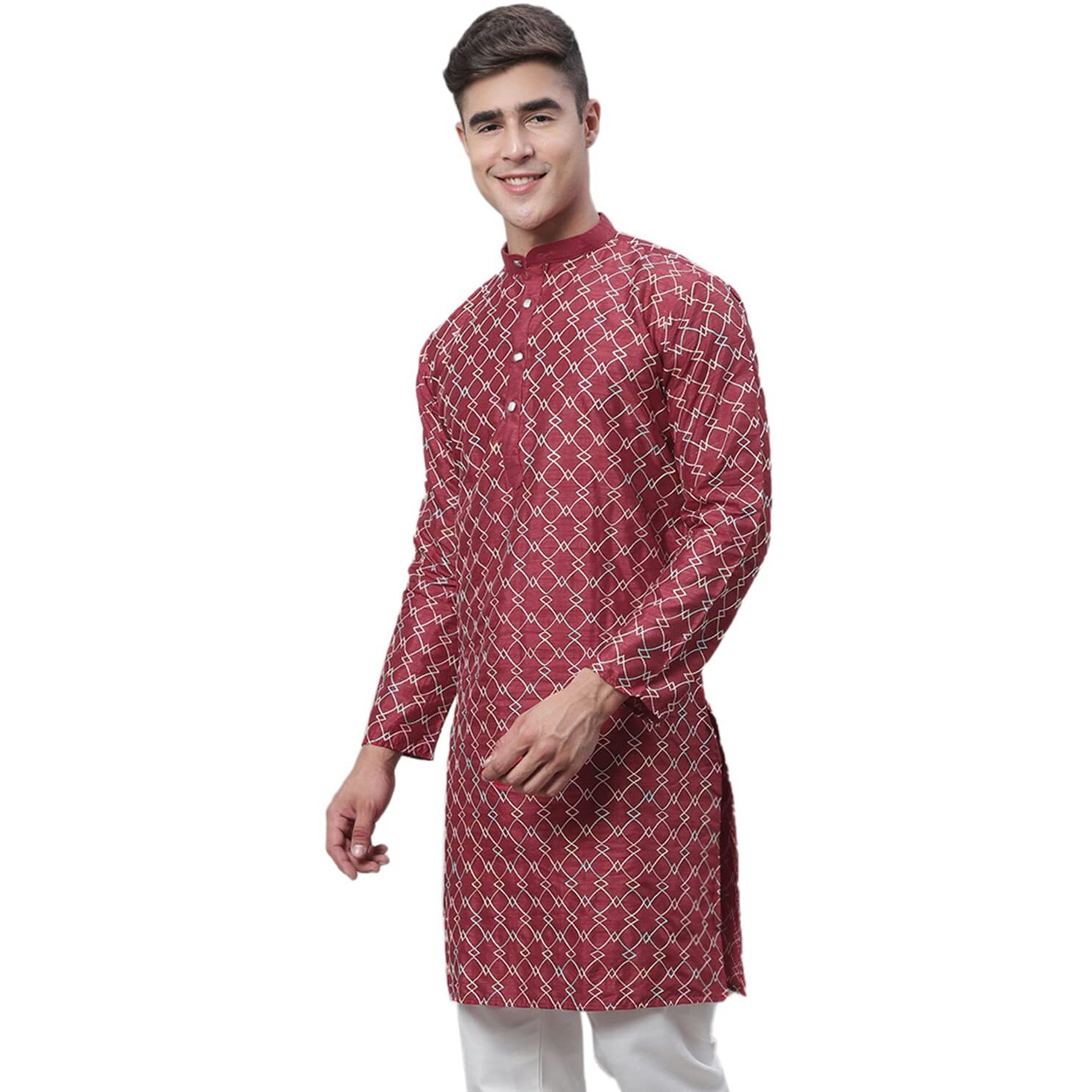 Sojanya (Since 1958 Men's Silk Blend Maroon Kurta With Multi Color Embroidery