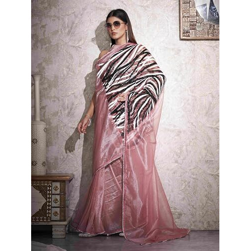 Womanista Women's Net Sequinned Saree (Ti6493_Pink)