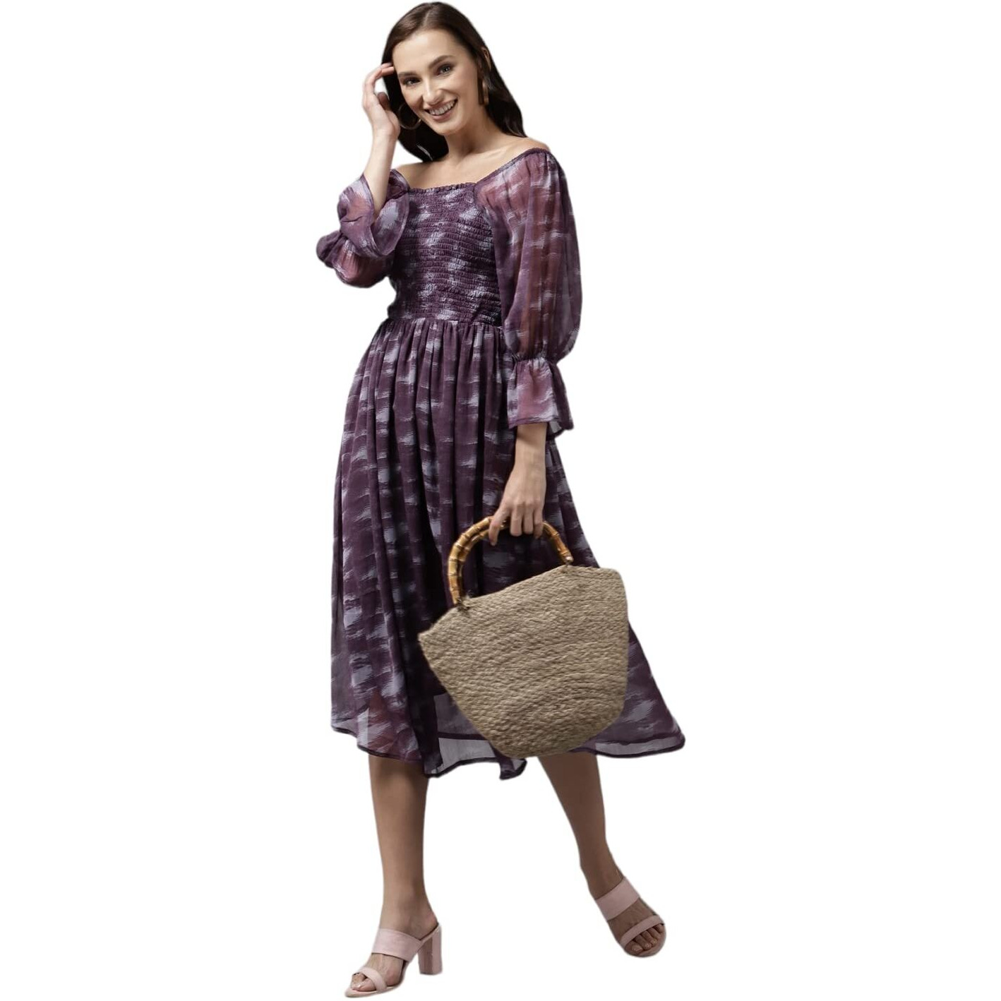 Aarika Women's Cotton Blend Skater Knee-Length Dress (Md-W-2715_Purple_M)