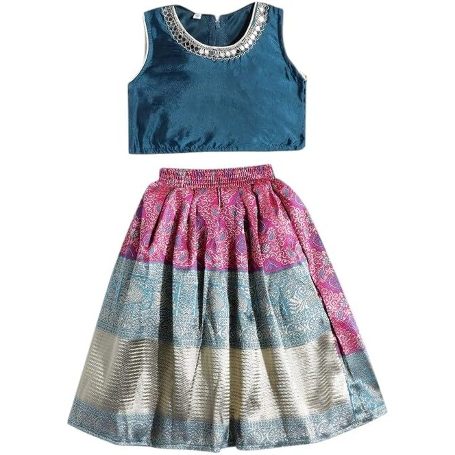 Aarika Girls Ethnic Wear Teal Blue-Rani Colour Solid Silk Lehenga Choli Set-(1 Years-3 Years)-(Lch-Shm-7003-T-Blue-18)