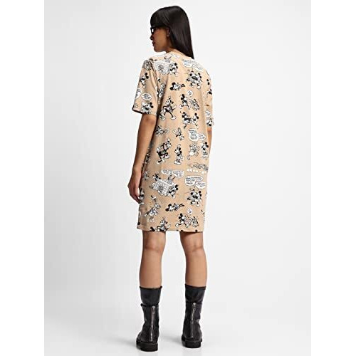 Bewakoof Women's's All Over Printed Cotton Dress Oversized Fit, Round Neck, Half Sleeve_582005_Brown_M