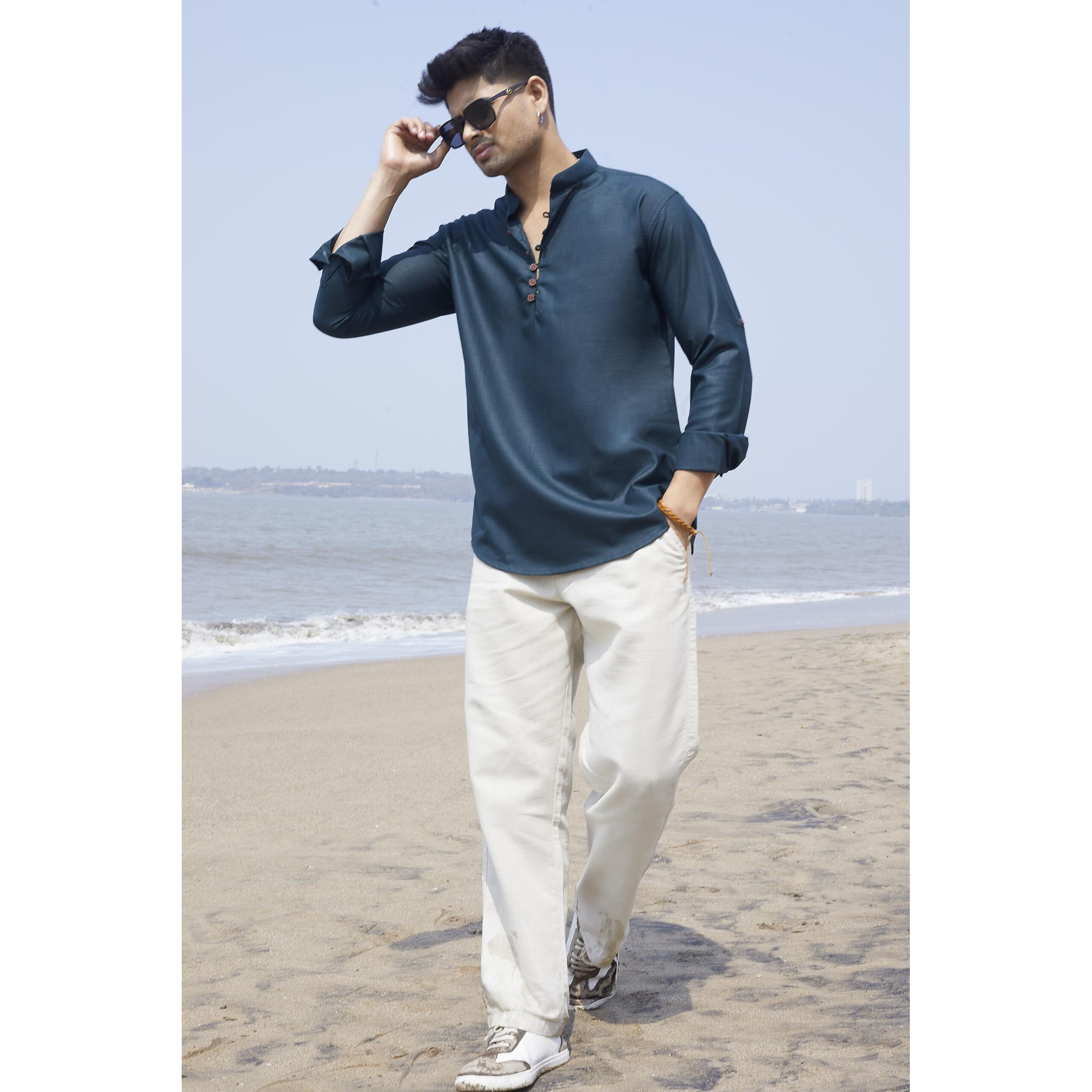 Divisive Men's Cotton Relaxed Fit Short Kurta (Dkrt1067_L_Green)