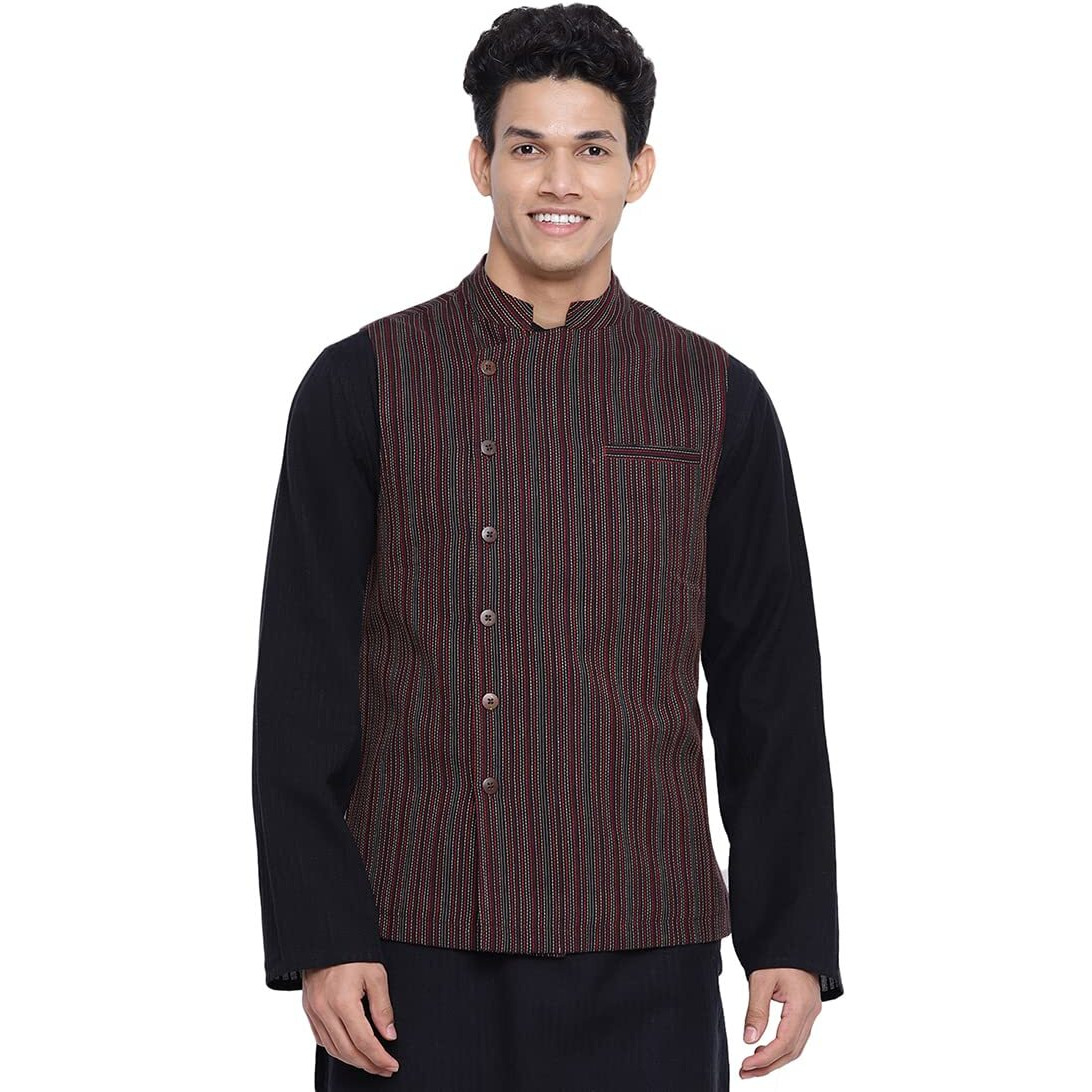 Fabindia Men Cotton Dobby Nehru Jacket Black_L