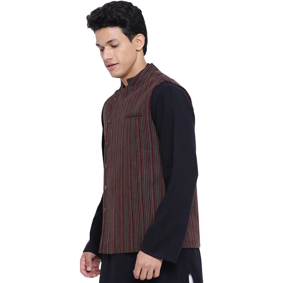 Fabindia Men Cotton Dobby Nehru Jacket Black_L