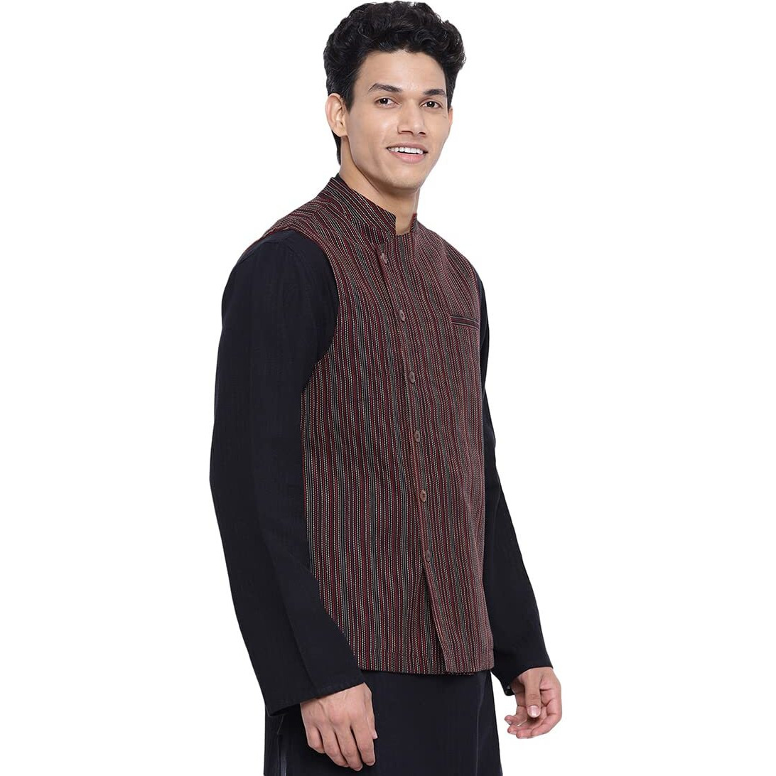 Fabindia Men Cotton Dobby Nehru Jacket Black_L