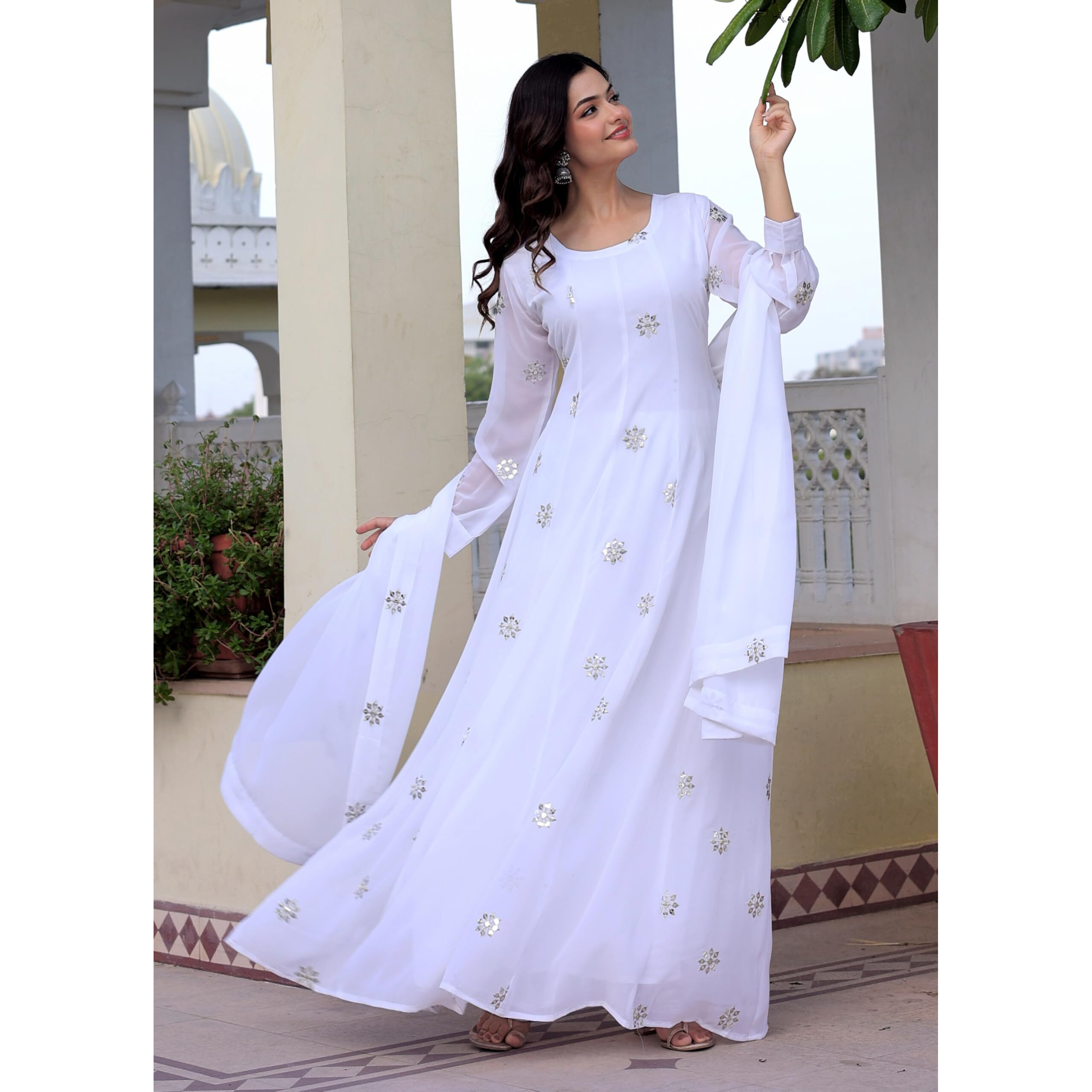 Fashion Basket Georgette Embroidered White Anarkali Dress For Women