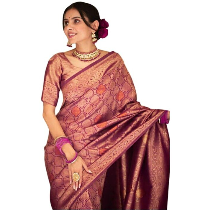 Flosive Women's Beautiful Hot Shine Kanjivaram Wedding Saree With Blouse Piece (Wine)