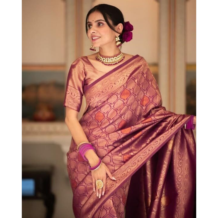 Flosive Women's Beautiful Hot Shine Kanjivaram Wedding Saree With Blouse Piece (Wine)