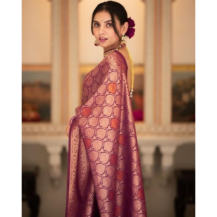 Flosive Women's Beautiful Hot Shine Kanjivaram Wedding Saree With Blouse Piece (Wine)