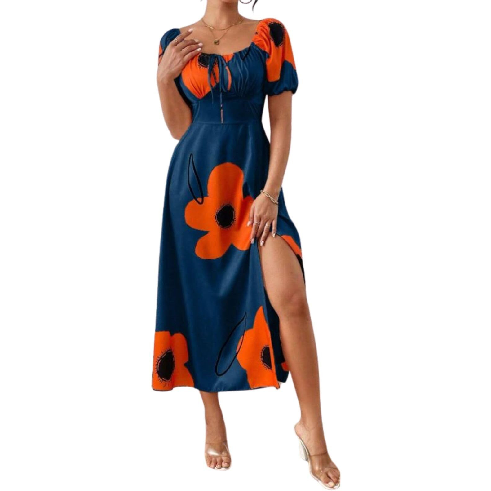 Greciilooks Viscose Rayon Western Mid-Calf Length Women Party Dress (Gl-Wd1281_Dark Blue