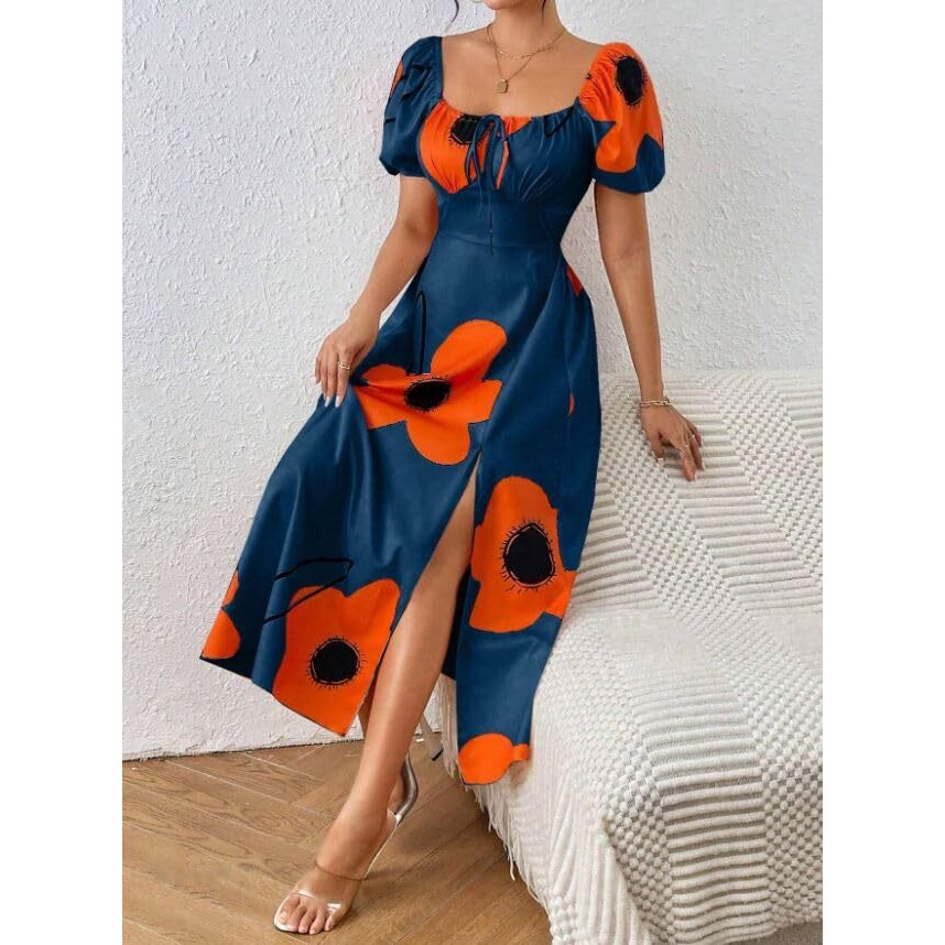 Greciilooks Viscose Rayon Western Mid-Calf Length Women Party Dress (Gl-Wd1281_Dark Blue