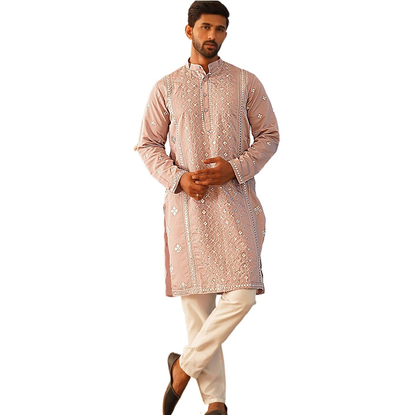 Jompers Men's Peach Embroidered & Sequin Cotton Blend Kurta Pyjama Sets (Peach, Xxl)