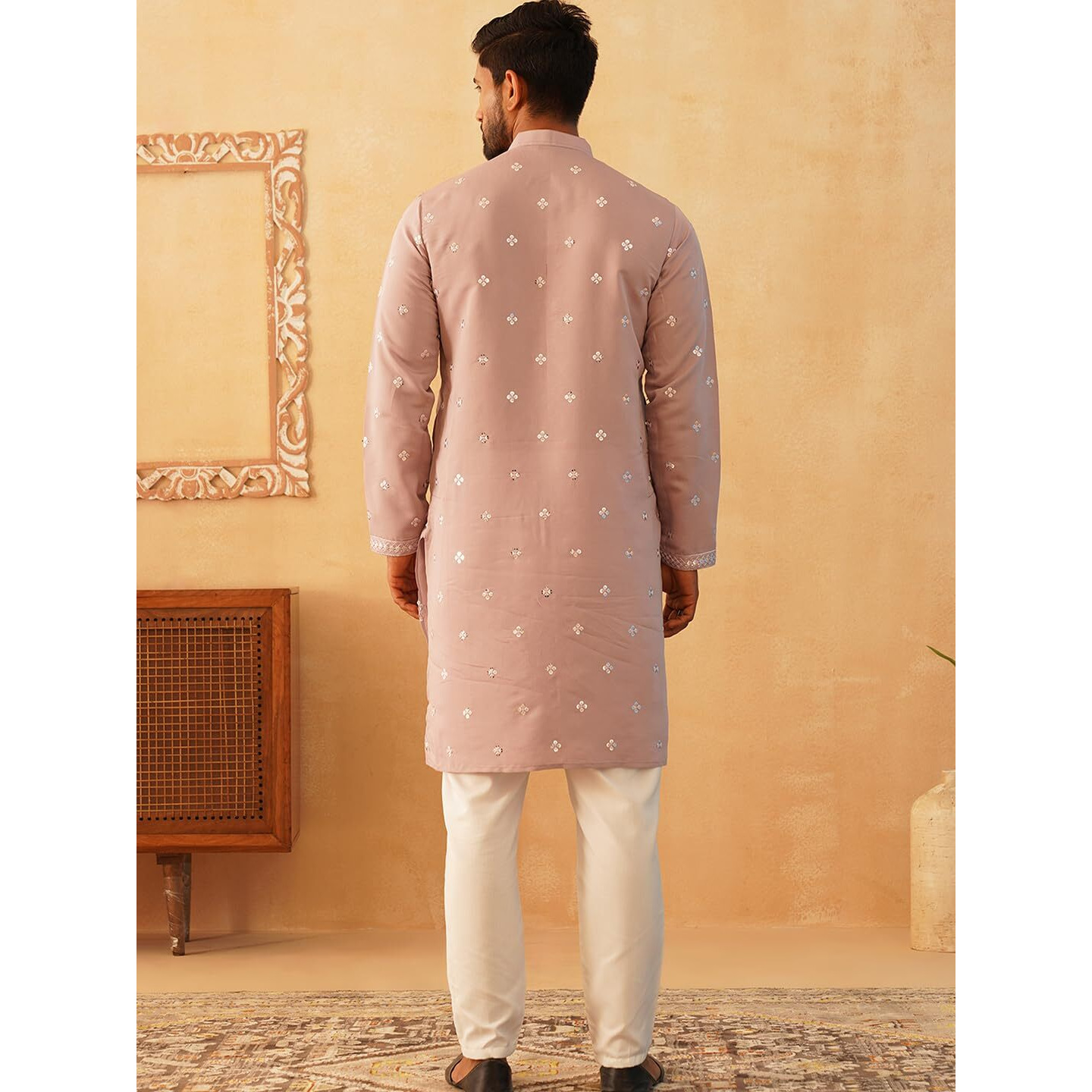 Jompers Men's Peach Embroidered & Sequin Cotton Blend Kurta Pyjama Sets (Peach, Xxl)