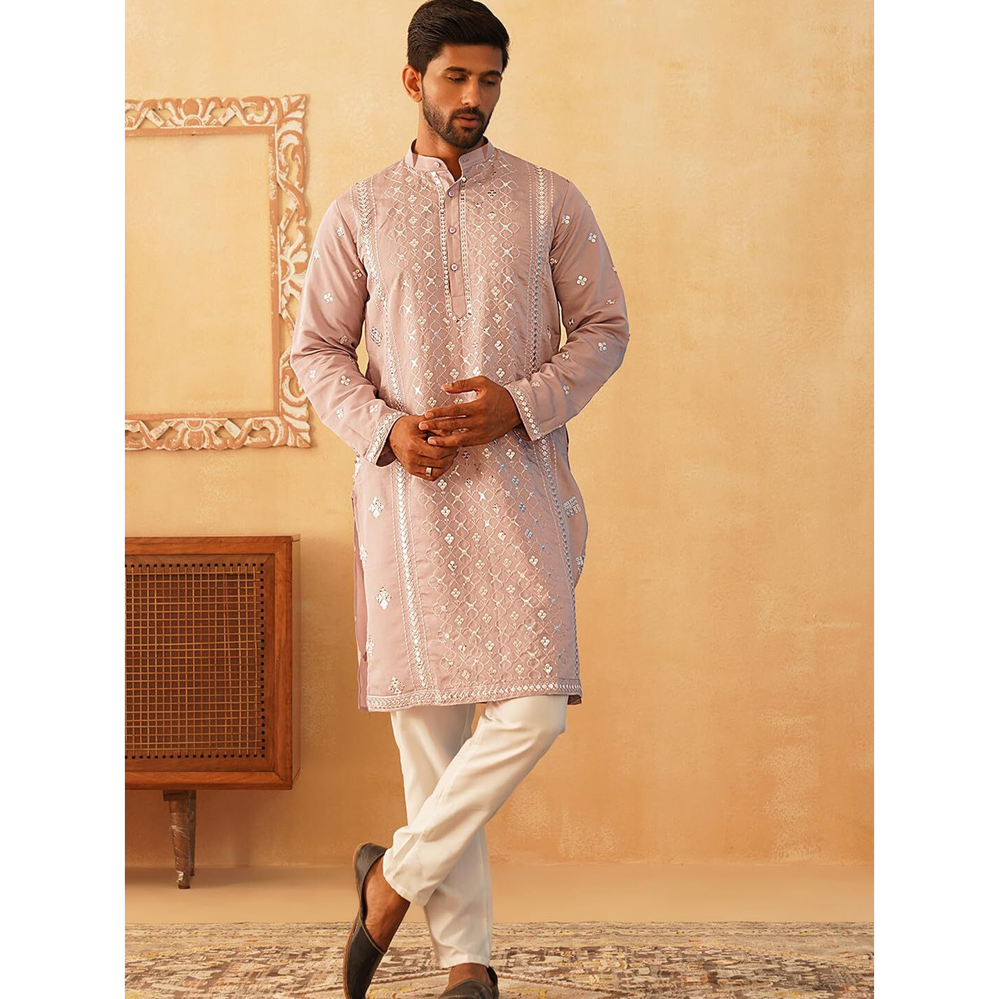 Jompers Men's Peach Embroidered & Sequin Cotton Blend Kurta Pyjama Sets (Peach, Xxl)