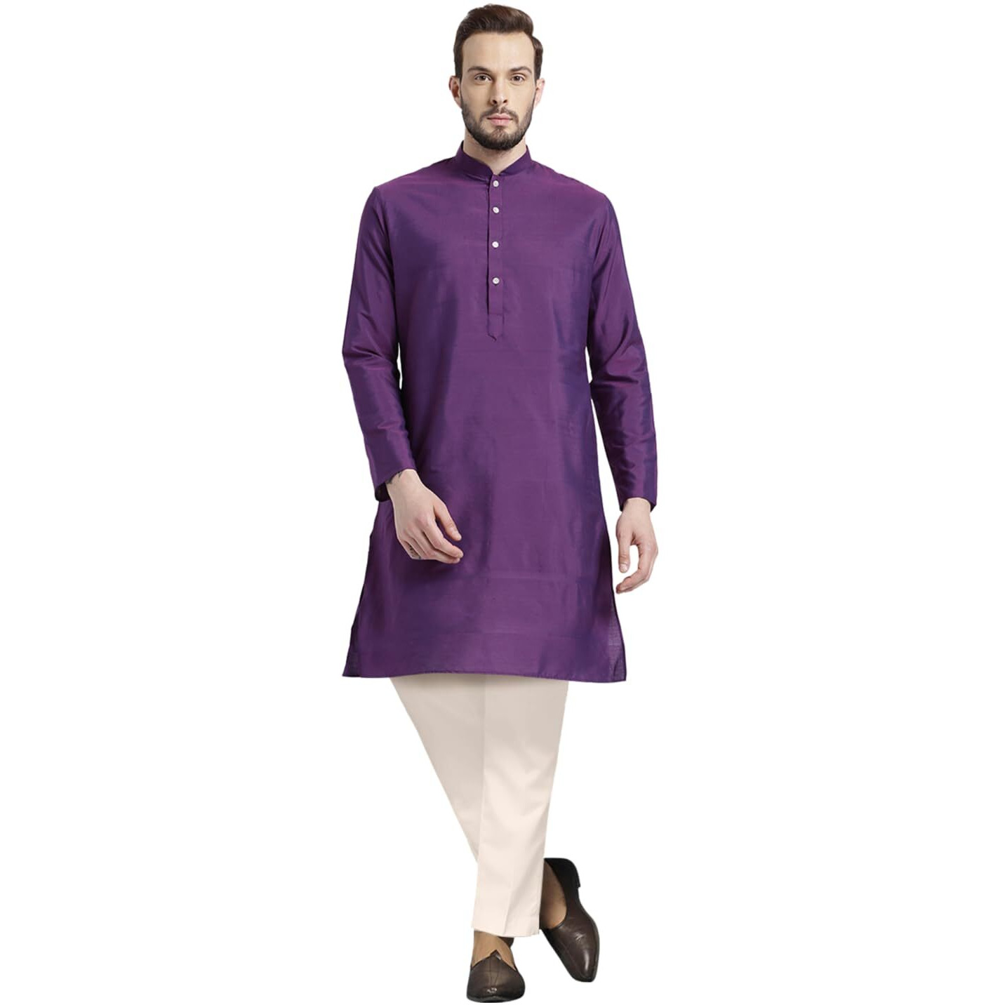 Kisah Men's Cotton Blend Long Sleeves Regular Fit Solid Purple Kurta Trousers Set (M)