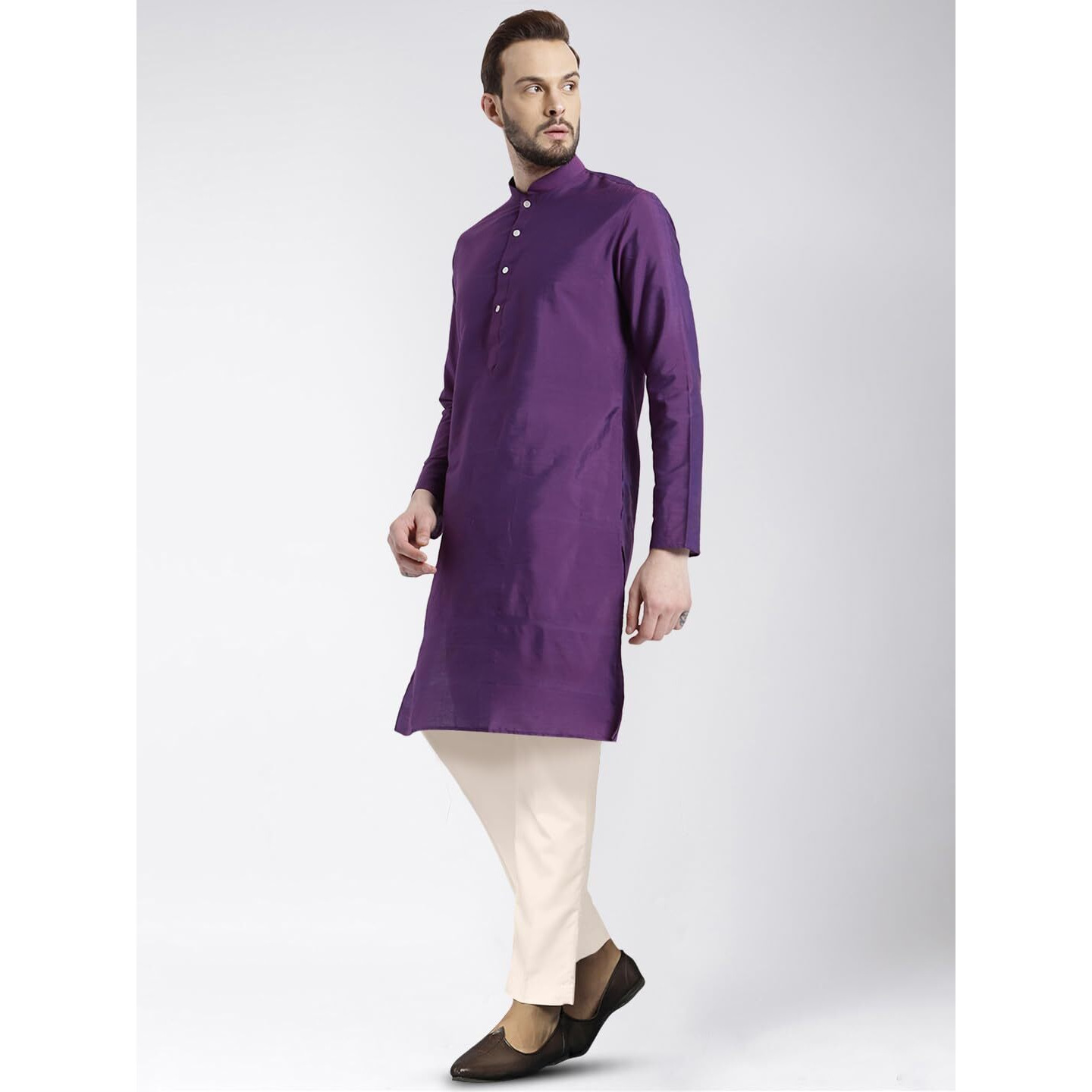 Kisah Men's Cotton Blend Long Sleeves Regular Fit Solid Purple Kurta Trousers Set (M)